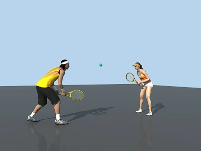 Two People Playing Tennis With Rackets And Flying Ball On Court 3d model