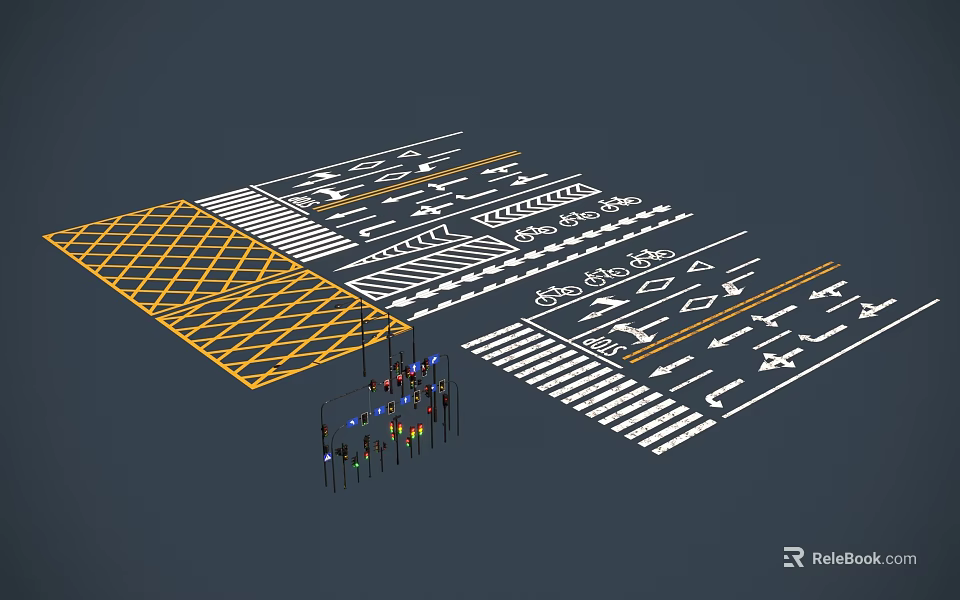 Road Infrastructure Essential Components with Traffic Markings Arrows Speed Bumps and Guardrails 3d model 