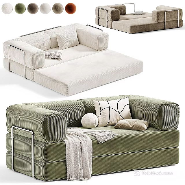Convertible Green Corduroy Sofa Bed With Soft Pillows And Throw Blanket 3d model 