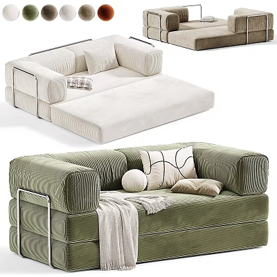 Convertible Green Corduroy Sofa Bed With Soft Pillows And Throw Blanket 3d model
