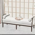 Upholstered Checkered Bench with Wooden Legs Tray Glassware Lattice Wall and Green Plant