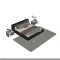 Modern Dark Leather Double Bed with Nightstands Lamp Alarm Clock Green Plant Rug and Magazine