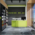 Fashion Supermarket Department Store Exterior With Glass Doors Green Frame And Shelves