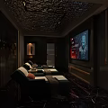 SPA Sauna Relaxation With Blue Beds Red Dark Wood Arched Doorway TV Screen Wooden Floor