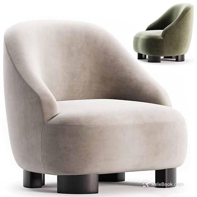 Modern Single Sofa With Velvet Upholstery Beige Green Colors Curved Armrests And Black Legs 3d model 