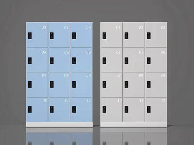 Two Sets of Light Blue and Gray Lockers With Numbered Compartments and Black Locks 3d model