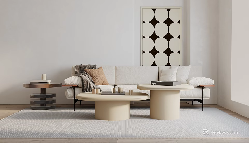 Minimalist Sofa And Coffee Table Set With White Upholstery Beige Tables Abstract Wall Art And Soft Rug 3d model 