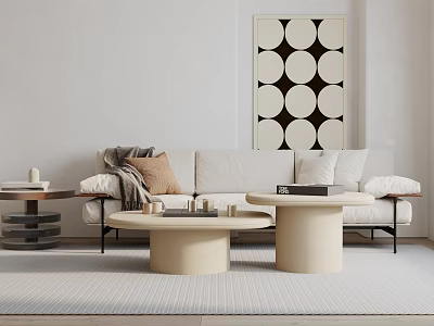 Minimalist Sofa And Coffee Table Set With White Upholstery Beige Tables Abstract Wall Art And Soft Rug 3d model