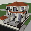 Two Story Detached Villa White Exterior With Black Roof Surrounded By Green Trees And Driveway