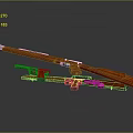 Red 3D Rendered Weapons Featuring Long Rifle And Dual Pistols On Gray Background
