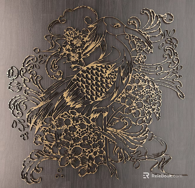 Intricate Golden Bird And Floral Carving Artwork With Scroll Patterns 3d model 
