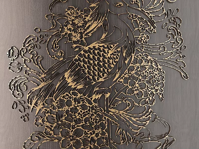 Intricate Golden Bird And Floral Carving Artwork With Scroll Patterns 3d model