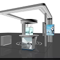 White Exhibition Booth Design With Curved Roof Circular Display Counter And Digital Screen