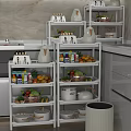White Multi Tiered Kitchen Shelves Featuring Dinnerware Set Fresh Fruits Vegetables And Condiment Bottles