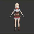 A Woman With Blonde Hair Red Scarf White Top Brown Skirt And Striped Socks