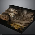 Ancient Ruins Model Display With Stone Structures And Illuminated Cave Design