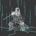 Crouching Game Movie Character With Gray Beard Blue Eyes And Glowing Sword On Cracked Ground