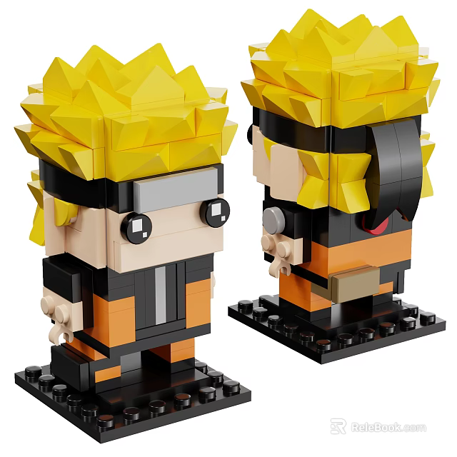 Anime Character Building Blocks With Yellow Hair Black Orange Outfit And Headband 3d model 