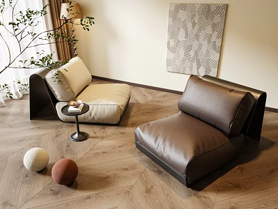 Modern Lazy Sofa In Light And Dark Brown Leather With Wooden Floor And Decorative Balls 3d model