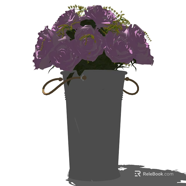Gray Metal Vase with Gold Ring Handles Holding Purple Roses Green Leaves and Yellow Blossoms 3d model 