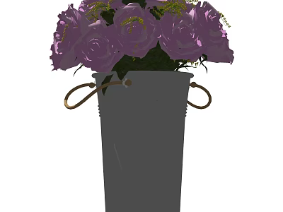Gray Metal Vase with Gold Ring Handles Holding Purple Roses Green Leaves and Yellow Blossoms 3d model