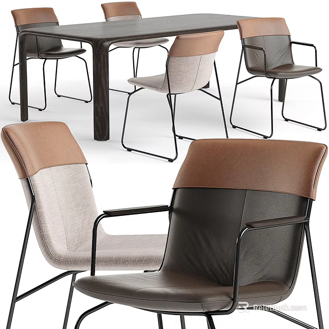 Modern Dining Table Set With Leather And Fabric Chairs Brown Beige Black Metal Frame 3d model 