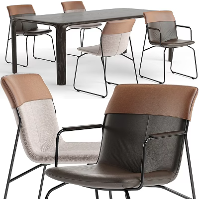 Modern Dining Table Set With Leather And Fabric Chairs Brown Beige Black Metal Frame 3d model