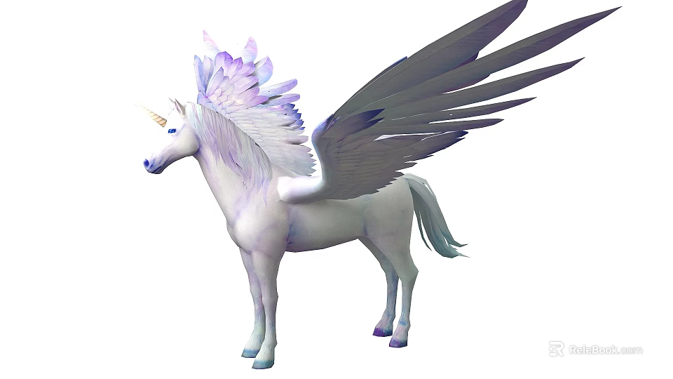 Flying Animal Mythical White Unicorn With Purple Feathered Wings And Horn 3d model 