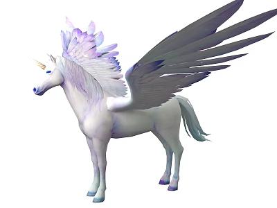 Flying Animal Mythical White Unicorn With Purple Feathered Wings And Horn 3d model