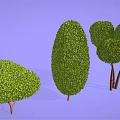 Cartoon Scenery With Various Shaped Green Shrubs Against Purple Background And Brown Tree Trunks