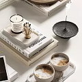 Modern Tabletop Decorative Ornament Set With Marble Glass Candle Cherry Books And Flowers