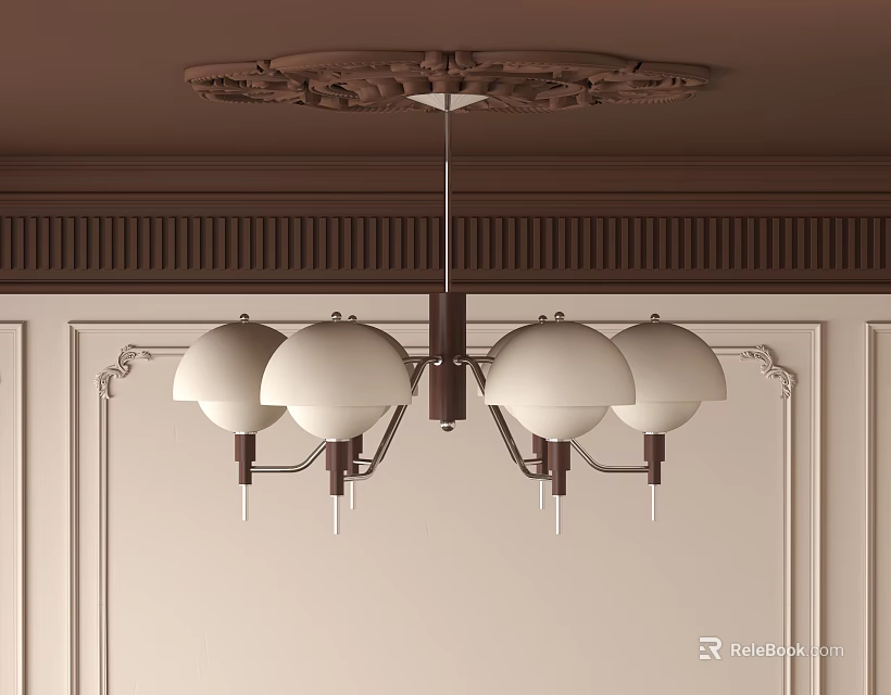 Modern Chandelier With Four White Dome Shades Bronze Frame Carved Ceiling Plate In Interior 3d model 