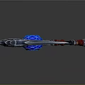 Ornate Scythe Weapon With Blue Glowing Orb And Red Wrapped Handle