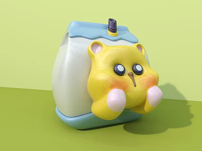 Cute Cartoon Hamster Photo Spot With Yellow Body Pink Cheeks And Blue Roof On Green Background 3d model