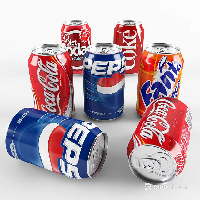 Assorted Carbonated Soft Drink Cans Including Coca-Cola Pepsi And Fanta 3d model 