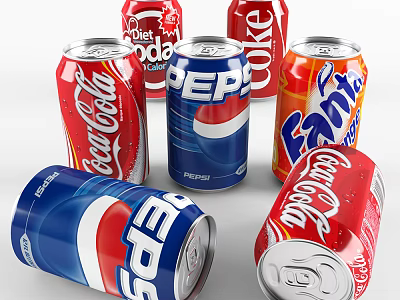 Assorted Carbonated Soft Drink Cans Including Coca-Cola Pepsi And Fanta 3d model