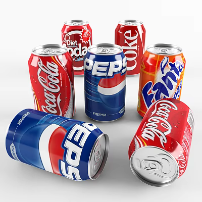 Assorted Carbonated Soft Drink Cans Including Coca-Cola Pepsi And Fanta 3d model