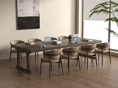 Modern Conference Table With Beige Chairs Laptop Documents Small Plant Near Window And Wooden Floor 3d model