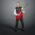 Man With Blonde Hair Wearing Glasses White Shirt Black Vest And Red Electric Guitar