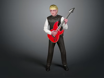 Man With Blonde Hair Wearing Glasses White Shirt Black Vest And Red Electric Guitar 3d model