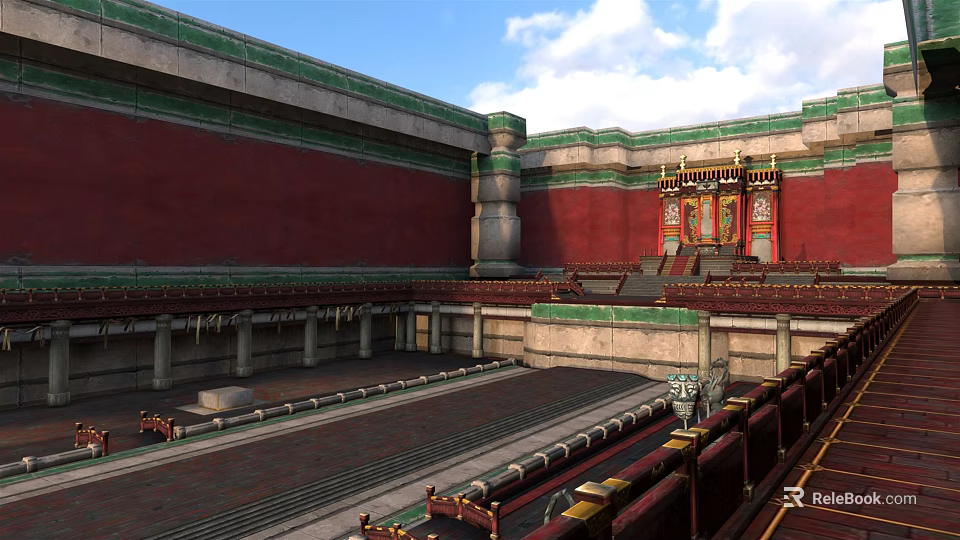 Ancient Chinese Architecture Courtyard With Red Walls Green Roofs And Ornate Doors 3d model 