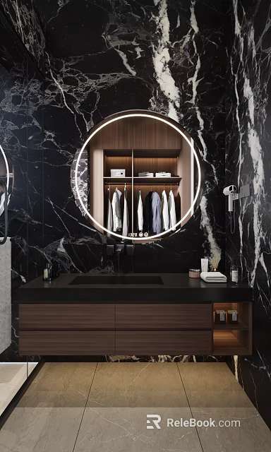 Modern Bathroom With Circular Mirror Wooden Cabinet Black Marble Walls And Countertop 3d model 