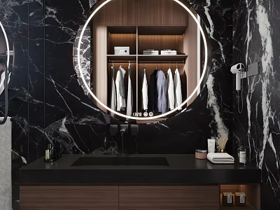 Modern Bathroom With Circular Mirror Wooden Cabinet Black Marble Walls And Countertop 3d model