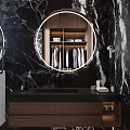Modern Bathroom With Circular Mirror Wooden Cabinet Black Marble Walls And Countertop