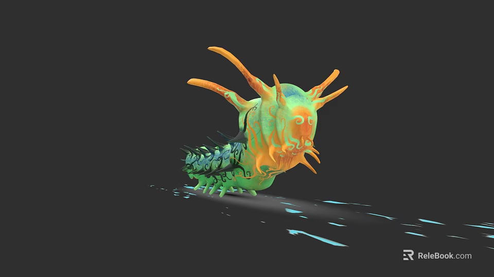 Vibrant Reptile With Orange Antennae Green And Orange Body On Dark Background Shiny Surface 3d model 