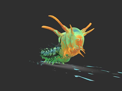 Vibrant Reptile With Orange Antennae Green And Orange Body On Dark Background Shiny Surface 3d model