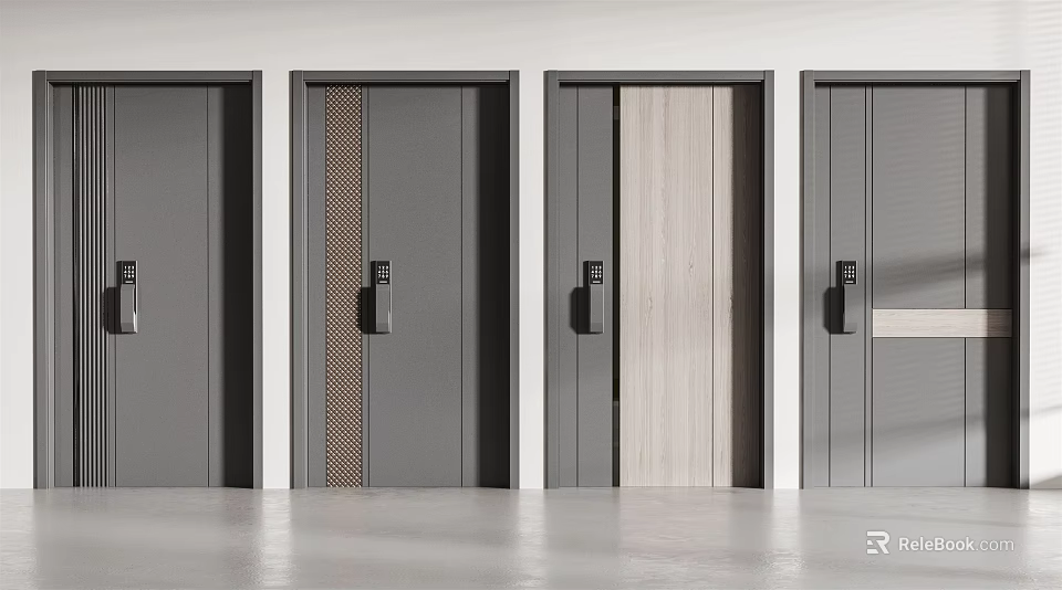 Modern Security Doors With Multiple Styles Gray Finish Wood Panel And Textured Design 3d model 