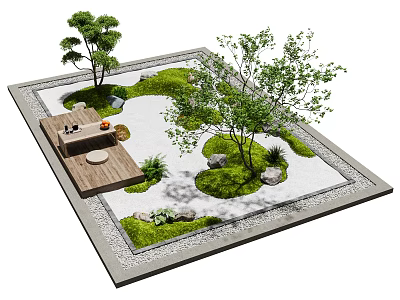 Courtyard Garden Design Featuring Wooden Deck Trees Grass And Gravel Stones 3d model