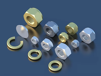 Assorted Metal Nuts and Washers in Various Sizes and Colors on Black Surface 3d model