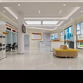 Modern Service Hall Interior With Reception Desk Yellow Sofa Large Windows And Information Board